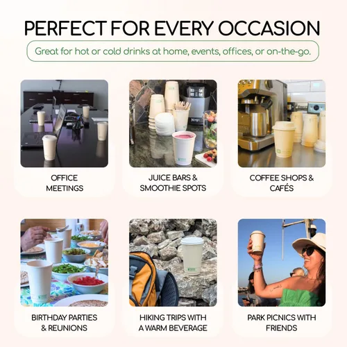 Miniatura 9 de Living Balance - Tazas de café compostables certificadas con tapas, 12 onzas, paquete de 100 con agitadores y mangas integradas, resistentes