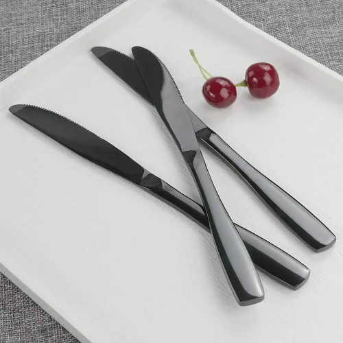 Miniatura 4 de Teyyvn 16 cuchillos de cena de acero inoxidable negros, cuchillos de mesa para cubiertos Espejo pulido, acero inoxidable de grado alimenticio
