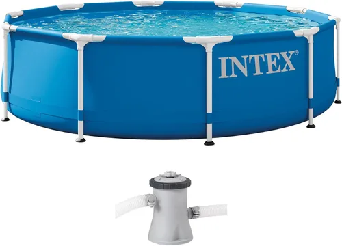 INTEX 28201EH Juego de piscina sobre el suelo con marco de metal: 10 pies x 30 pulgadas - Incluye bomba de filtro de cartucho de 330 GPH - Material
