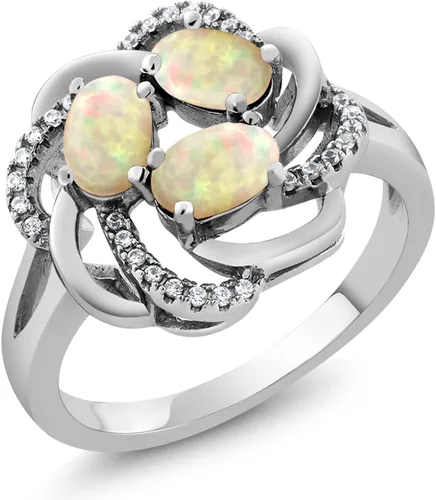 Miniatura 46 de Gem Stone King Flower Blossom Gemstone Birthstone Ring in 925 Sterling Silver 3-Stone Oval 6X4MM with Sparkling Accents Wedding Anniversary