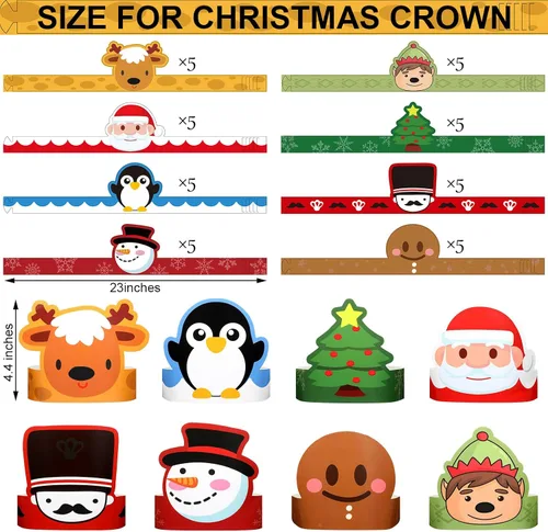 Miniatura 3 de Skylety 40 sombreros de fiesta de papel de Navidad para niños, ajustable, corona de papel, diadema, Papá Noel, elfo, reno, muñecos de nieve, hombre