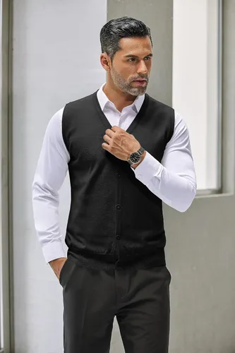 Miniatura 2 de COOFANDY Chaleco de suéter para hombre, cuello en V, casual, sin mangas, con botones, cárdigan