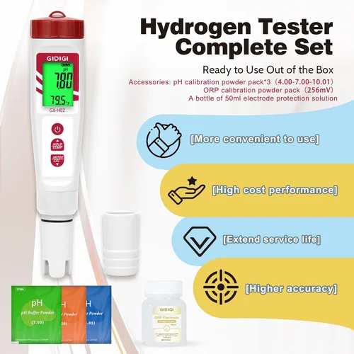 Miniatura 6 de Probador de agua de hidrógeno, medidor de ORP GIDIGI - Medidor digital de pH para probar agua potable, detector electrónico de temperatura de pH PPM