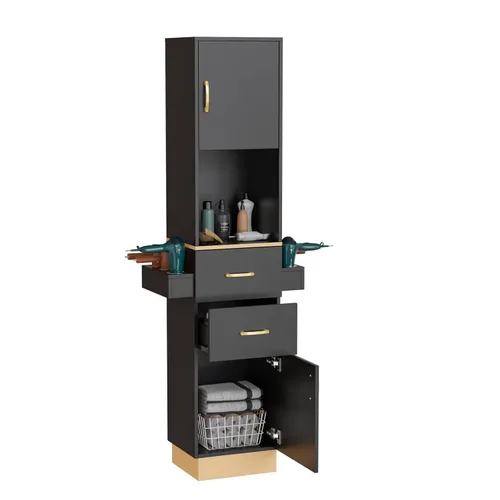 Miniatura 11 de OmySalon Estación de peluquería, estación de peluquería para estilista, gabinete de almacenamiento de belleza con acabado de acero inoxidable, Negro