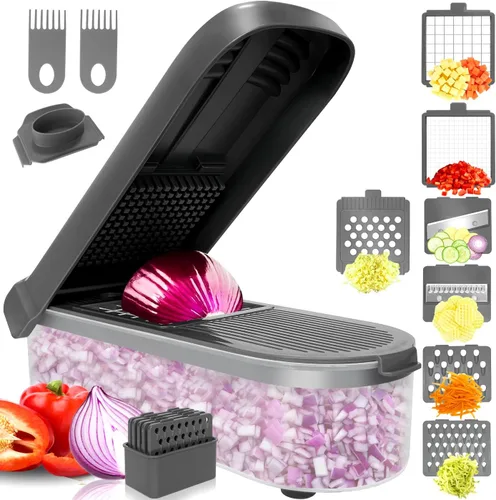Miniatura 11 de LHS Picador multifuncional de alimentos, cebolla, cortador de verduras, cortador de papas, picador de verduras con recipiente (4 en 1, negro)