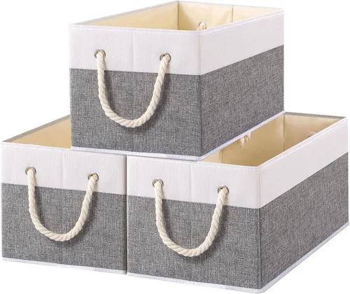 Miniatura 8 de Yawinhe Paquete de 3 cubos plegables de almacenamiento de tela, cubos plegables con asa de cuerda, organizadores grandes de armario para estantes