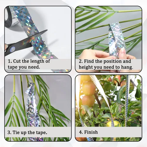 Miniatura 4 de 2 cintas reflectantes para pájaros para exteriores, 328 pies, repelente de miedo de pájaros, cinta holográfica reflectante de doble cara