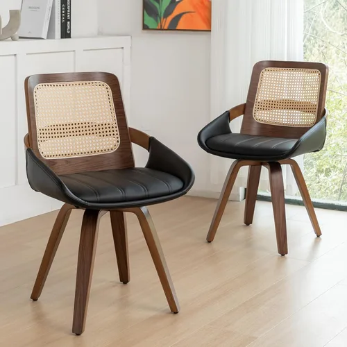 Miniatura 15 de Juego de 2 sillas de comedor de ratán verde, sillas de comedor modernas de mediados de siglo con marco de madera curvada de nogal, respaldo Nogal
