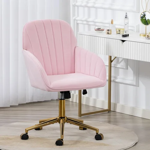 Miniatura 10 de Silla de Oficina para Hogar, Silla Moderna de Maquillaje de Terciopelo con Base Dorada y Ruedas, Silla de Escritorio Giratoria con Altura Ajustable