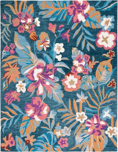 Miniatura 9 de SAFAVIEH Jardin Collection Alfombra de pasillo, 2 pies 3 pulgadas x 8 pies, azul y rosa, lana floral hecha a mano, ideal para zonas de alto tráfico