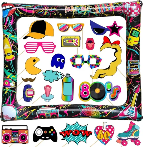 Juego de 21 portarretratos inflables para selfies de los años 80 y accesorios para fiestas retro de los años 80 I Love 80s Party Selfie Props para