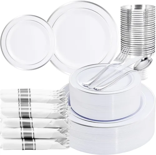 Miniatura 11 de WELLIFE 350 platos de plástico dorado transparente, 100 platos desechables, 150 cubiertos de plástico, 50 tazas, 50 servilletas para bodas y fiestas