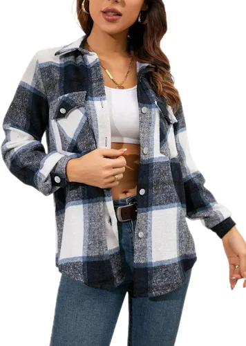 Miniatura 28 de Tanming - Chaquetas de franela cepillada para mujer, a cuadros, con botones, solapas y bolsillos, camisa tipo chaqueta