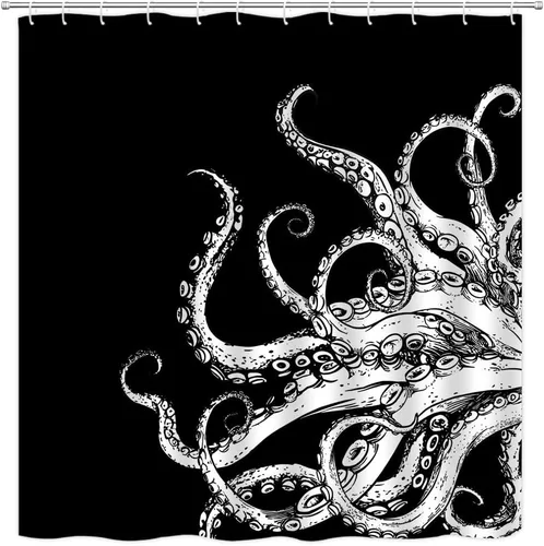 Cortina de ducha de tentáculo de pulpo, diseño de kraken de océano blanco y negro, divertido animal náutico, vida marina, fresco, moderno, único,