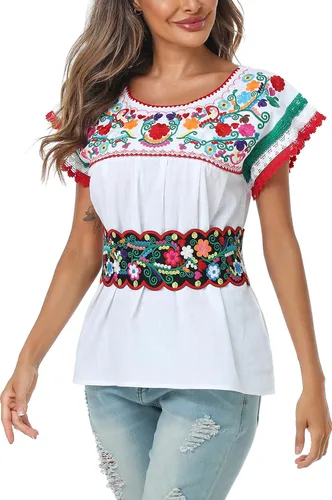 Miniatura 6 de YZXDORWJ Blusa tradicional colorida con encaje bordado mexicano para mujer, camiseta tricolor para el día de la independencia mexicana