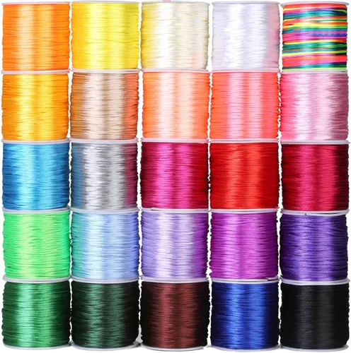 Cridoz 25 rollos de cordón de satén sedoso para pulseras, collares, manualidades de macramé, bolsas con cordón, cuerda de cuentas multicolor