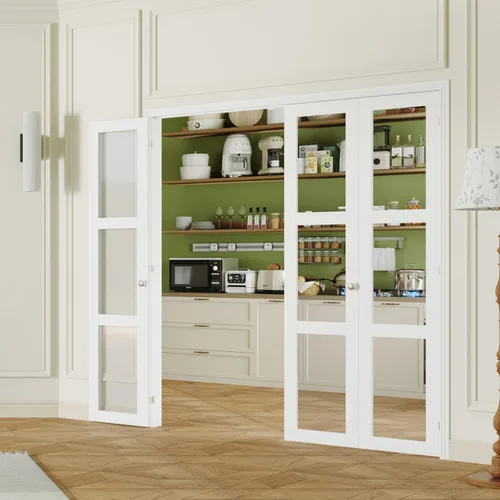 Miniatura 25 de Puerta plegable de 180 grados, para aberturas de 30 ″ x 80 ″, puerta plegable esmerilada blanca 3-Lite con bisagras, juego de herrajes para puertas