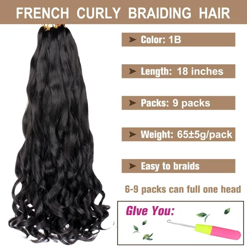 Miniatura 2 de COOKOO 9 paquetes de cabello rizado francés trenzado de 18 pulgadas, suave y flexible, cabello trenzado de alta calidad, rizos franceses, extensión