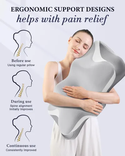 Miniatura 4 de Almohada cervical para el alivio del dolor de cuello, almohadas de espuma viscoelástica de enfriamiento ergonómicas para dormir con funda de Gris