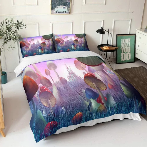 Miniatura 8 de Juego de funda de edredón psicodélico de fantasía con diseño de hongos psicodélicos, galaxia, verde cielo, morado, diseño de hongos estrellados, #1