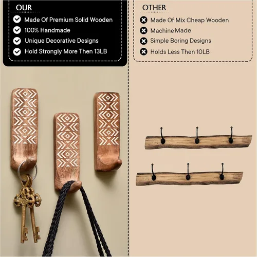 Miniatura 4 de Indian Shelf Ganchos de pared adhesivos de madera bohemios para colgar abrigos, llaves, correa, sombrero, toallero, bonito soporte para llaves