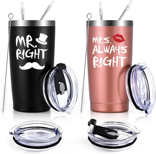 Qtencas Mr. Right Mrs. Always Right - Juego de vasos de viaje, regalos de compromiso de boda para marido, esposa, parejas recién casadas, novia, 2