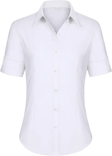 Miniatura 28 de siliteelon Camisas de vestir de manga corta con botones para mujer, camisas de algodón con botones para mujer, blusa ajustada de manga 3/4