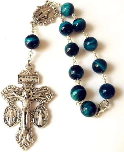 Miniatura 5 de elegantmedical Hecho a mano de pavo real bule ojo de tigre cuentas de jade rosario de coche oración católica una década rosario pulsera de pardón