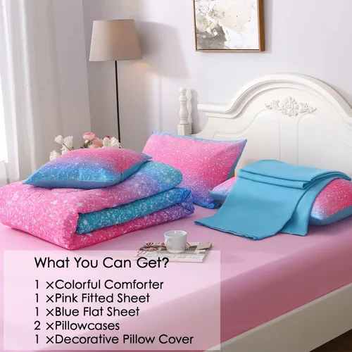Miniatura 5 de JQinHome Juego de edredón con purpurina tamaño Queen, juego de ropa de cama de 6 piezas en una bolsa, colorido en 3D, rosa y azul, para niñas y Rosa