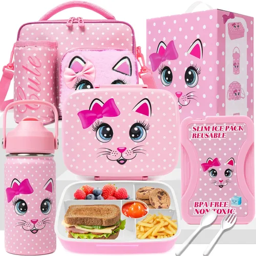 Miniatura 14 de Caja Bento para Niños Lonchera para Niños Caja Bento para Niños Juego de Lonchera con 5 Compartimentos Botella de Acero Inoxidable para Agua, Bolsa