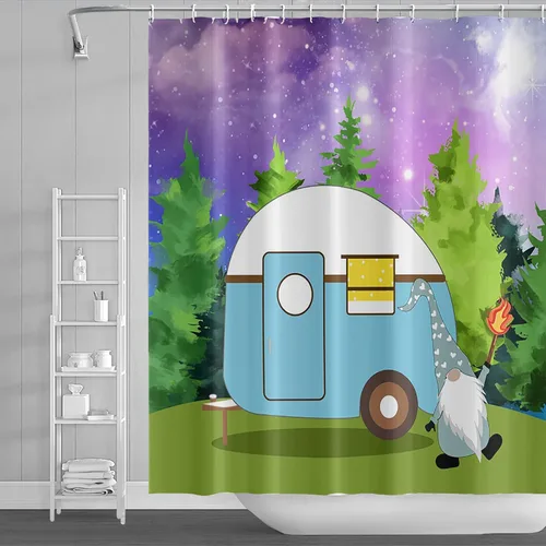Miniatura 20 de Cortina de ducha Happy Camper de 48 x 72 pulgadas, diseño de caricaturas, remolque, hoguera, aventura al aire libre, cortina de baño para decoración