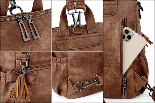 Miniatura 3 de UTO Mochila de cuero vegano para mujer, diseño de moda, convertible con borla, para viajes, con borla