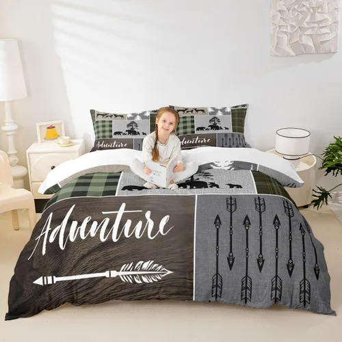 Miniatura 15 de Juego de funda de edredón para niños de ciervo, oso, lobo, tamaño individual, juego de ropa de cama de cabaña de aventura para niños, niñas