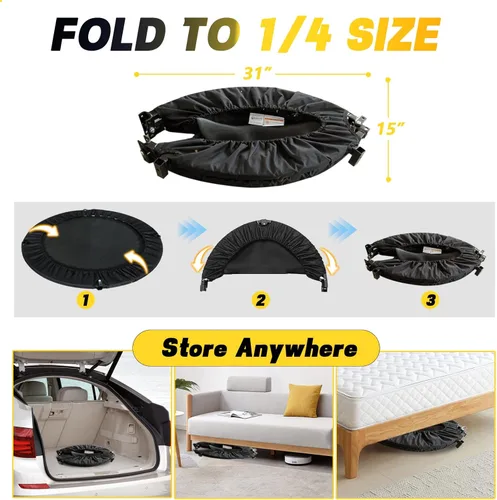 Miniatura 6 de Trampolín plegable portátil Fitnes en el hogar, mini rebote para niños, adultos, carga máxima de 40 pulgadas, 330 libras Negro (Black with handle)
