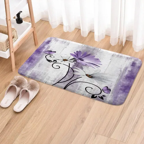 Miniatura 3 de Alfombra de Baño Rústica de Granja, Alfombra de Baño de Madera de Campo con Flores de Margaritas Moradas, Mariposas y Estilo Campestre, Alfombra
