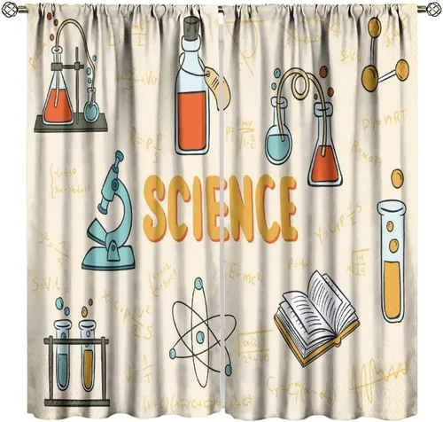 Miniatura 32 de Cortinas opacas para ventanas de ciencia para niños, lupa de libro de laboratorio de ciencia, lupa, frascos moleculares, cortinas impresas