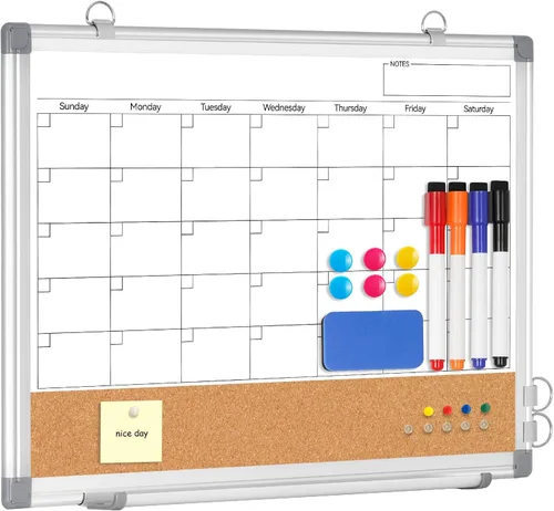 Miniatura 13 de Pizarra Blanca de Calendario Mensual de Borrado en Seco Combinada con Tablero de Corcho para Pared, 24" x 18" Calendario de Pizarra Blanca de Doble