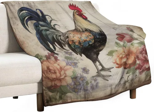 Manta vintage de gallo y flores estilo rústico francés para sofá, franela de pollo orgánico, acogedora y cálida, manta ligera para sofá, cama, sofá