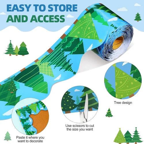 Miniatura 3 de Eaasty Tablero de anuncios de campamento de 69 pies, bordes de árbol, bosque, aula, borde festoneado, pinos, bordes, decoración de papel enrollado
