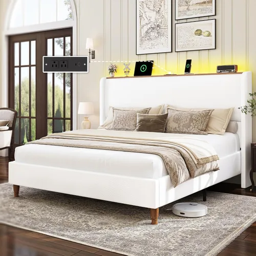 Miniatura 11 de LARMACE Base de cama tamaño Queen con luces LED y estación de carga, base de cama de plataforma tapizada de lino con cabecera de 51.2 pulgadas