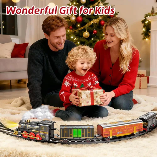 Miniatura 4 de Juego de tren de Navidad para niños, juguetes de pista de tren de 2 capas con humo, luz y sonido, vías de tren de construcción para niños de 4 a 8
