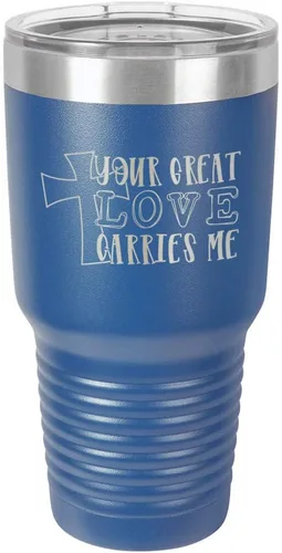 Miniatura 11 de Taza de viaje de acero con recubrimiento de polvo grabado con láser, con grabado de 30 oz con texto en inglés "Your Love Carries" y texto "Mis