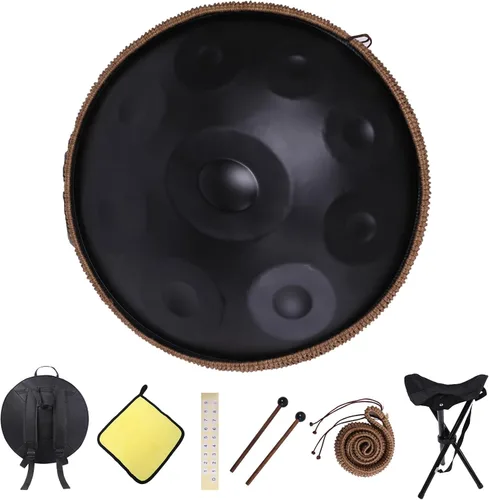Miniatura 11 de Kurd Handpan 22" D Minor - Tambor de mano de 9 notas para rendimiento profesional, sonido de 440 Hz, incluye paño, soporte Dorado-9 Notas