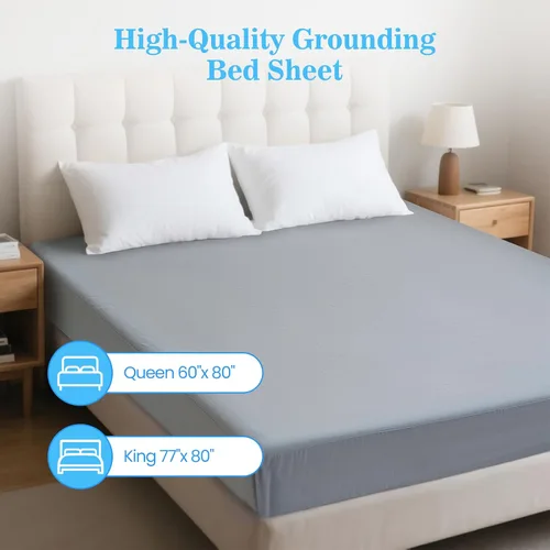 Miniatura 6 de Grounding Sábanas tamaño Queen, 95% algodón orgánico + 5% fibra plateada pura, sábanas conductoras a tierra para un mejor sueño con cable de tierra