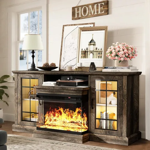 Miniatura 14 de MXV - Soporte de chimenea para TV de 59 pulgadas, centro de entretenimiento estilo granja con soporte de TV de 3 lados de vidrio, consola multimedia