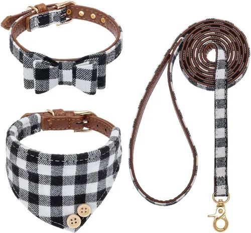 Miniatura 21 de EXPAWLORER Juego de collar y correa para perro - Corbata de moño clásica a cuadros para perro y collar bandana para perro con campana, correa