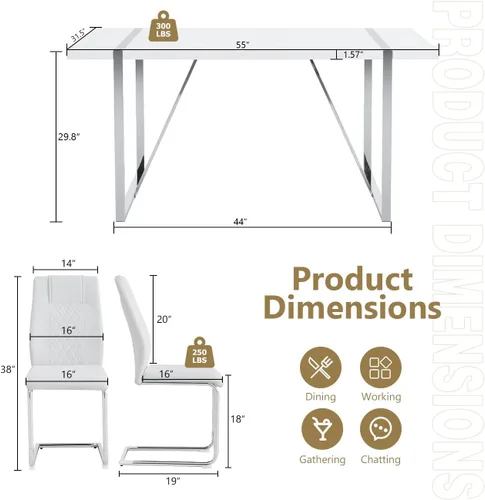 Miniatura 3 de Juego de mesa de comedor moderna de 55 pulgadas para 4, mesa de comedor negra y marco de metal dorado, mesa de comedor rectangular con 4 sillas