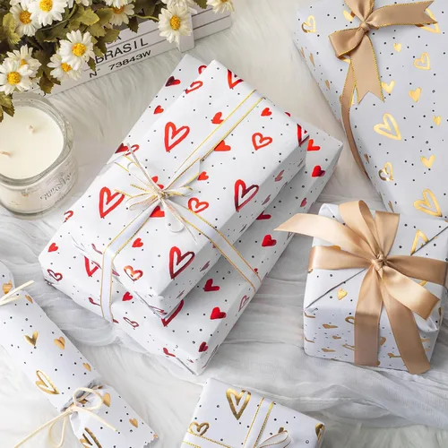 Miniatura 7 de Homeral Rollo de Papel de Regalo Kraft con Corazones - Diseño de Lámina Dorada en Relieve 3D, Envoltura de Regalo de Lujo para el Día de San Corazón