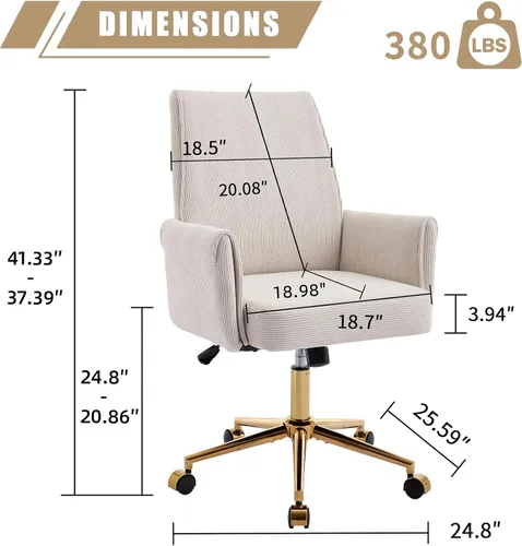 Miniatura 2 de ECHINGLE Silla de oficina ergonómica para computadora, silla de escritorio giratoria con respaldo medio con base dorada, altura ajustable para Crema