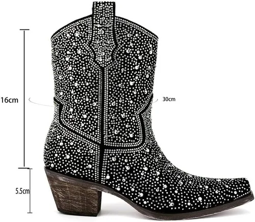 Miniatura 7 de sexytag Botas vaqueras brillantes con diamantes de imitación para mujer, tacón bajo y grueso, punta cuadrada, botines de meter